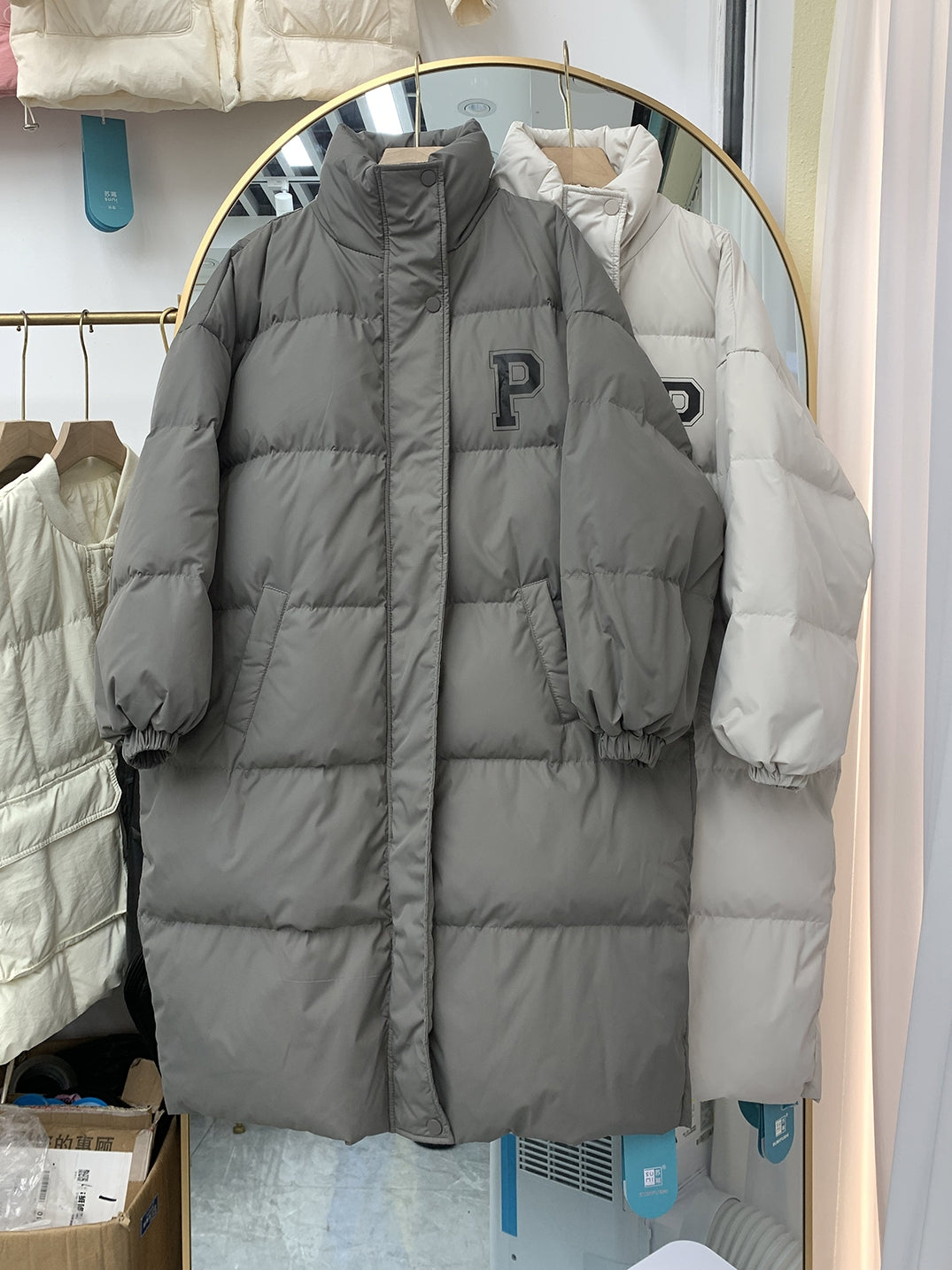 Down Jacket Women's Mid Length Loose Fitting Oversized White Duck Down in Winter