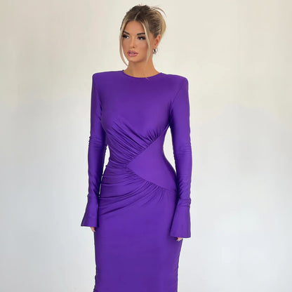 New Fashion Solid Color Round Neck Ruched Slim-Fit Long Sleeve Dress D1992950