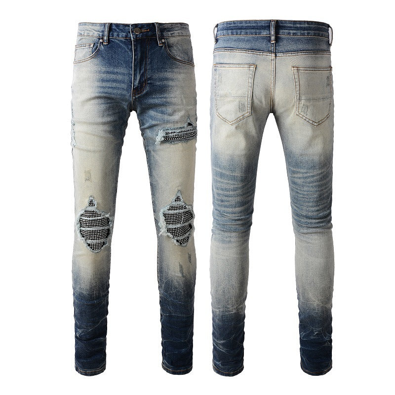 High Street Jeans Trendy Men's Ripped Patch Diamond Beggar Jeans #1331