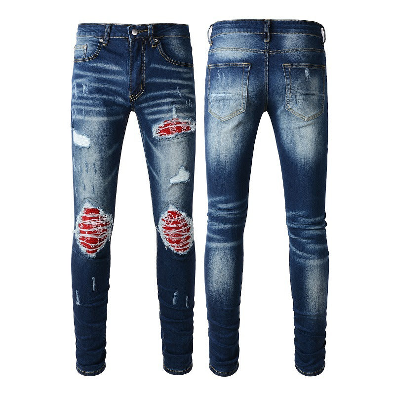 1318 European and American Trendy Brand High Street Ripped Patch Jeans Blue Men's Jeans Korean Version