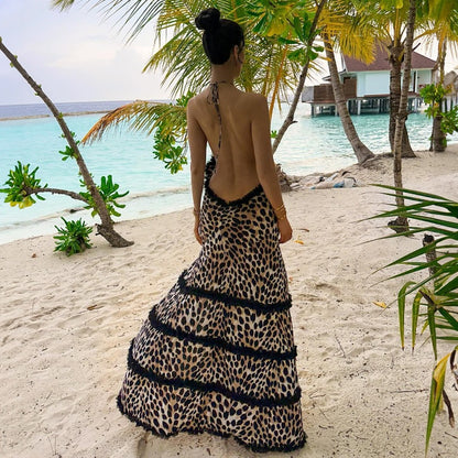 New Sexy Leopard Print Backless Ruffled Tie-Back Halter Dress D1993535