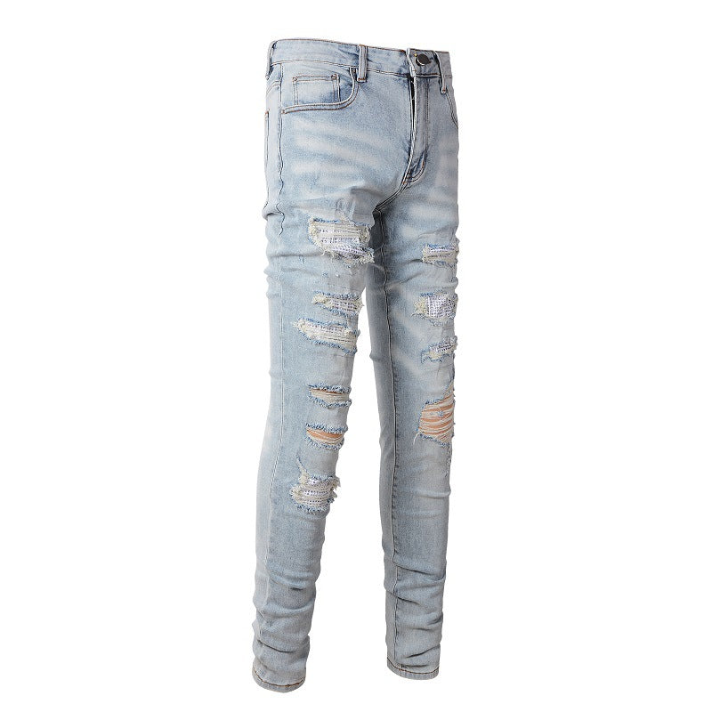 Cross-border Jeans Trendy Brand Retro Jeans Diamond-encrusted Men's Jeans Elastic and Slim #6808