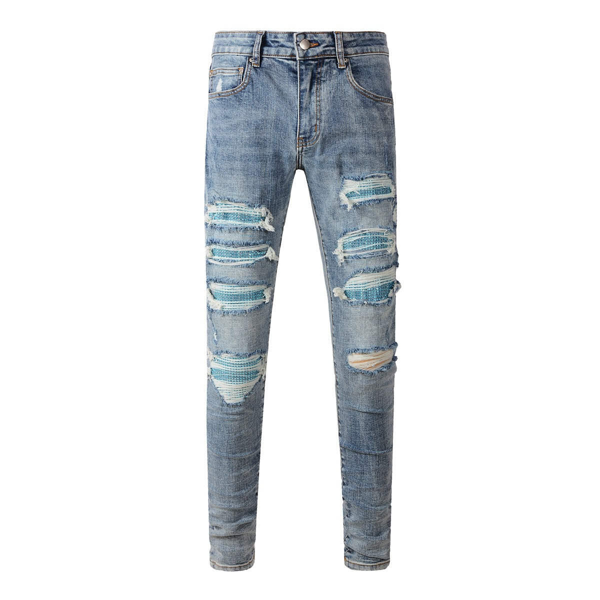 Fashionable Slim Fit Denim with a Washed Effect and Blue Rhinestone Embellishments