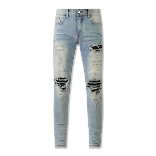 Blue Distressed Jeans with Muddy Yellow Wash and Faux Leather Patches for a Vintage Look