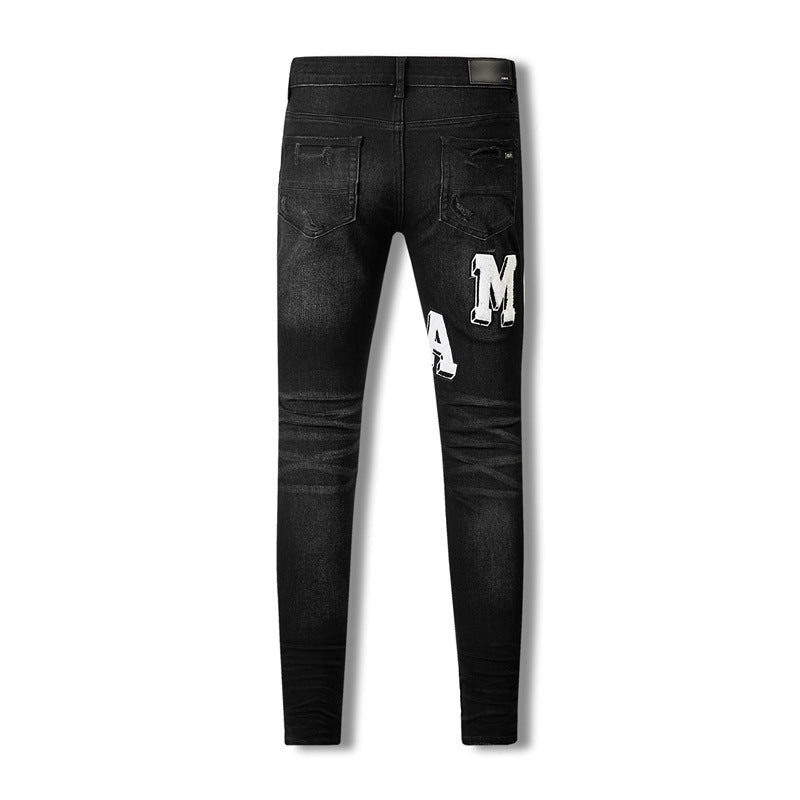 Black Ripped Jeans with Letter Patches and Distressed Detailing 8815