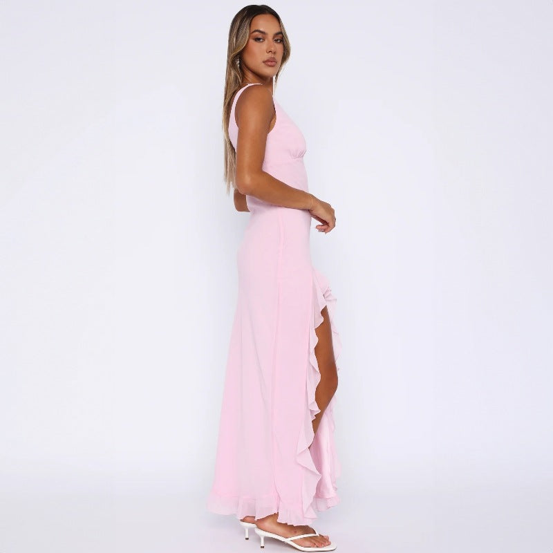 New Fashion V-Neck Sleeveless Ruffled Backless Slit Dress D1993400