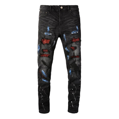 8616 Cross-border Jeans Trendy Brand Paint Ripped Patch Men's Jeans Slim High Street