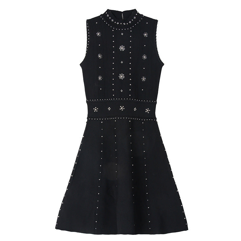 French Chic Hand-Beaded Sequin Knit Dress with Ruffle Details and Waist-Defined Fit