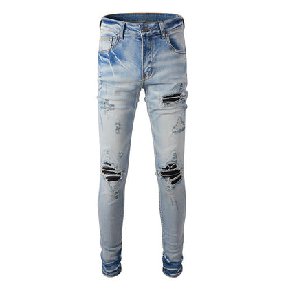 High Street Trendy Jeans Men's Ripped Patch Jeans Trendy Slim-Fit Pants