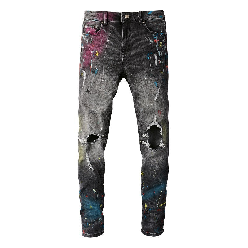 High Street Ripped Jeans Men's Ink Spray Paint Graffiti Jeans Elastic Men's Slim Jeans 5636