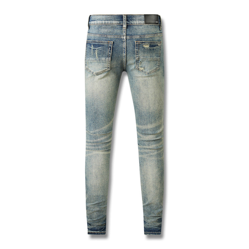 Mens Fashion Skinny Straight Slim Jeans - Non-Elastic Ripped Denim with Knee Tears, Summer 2023