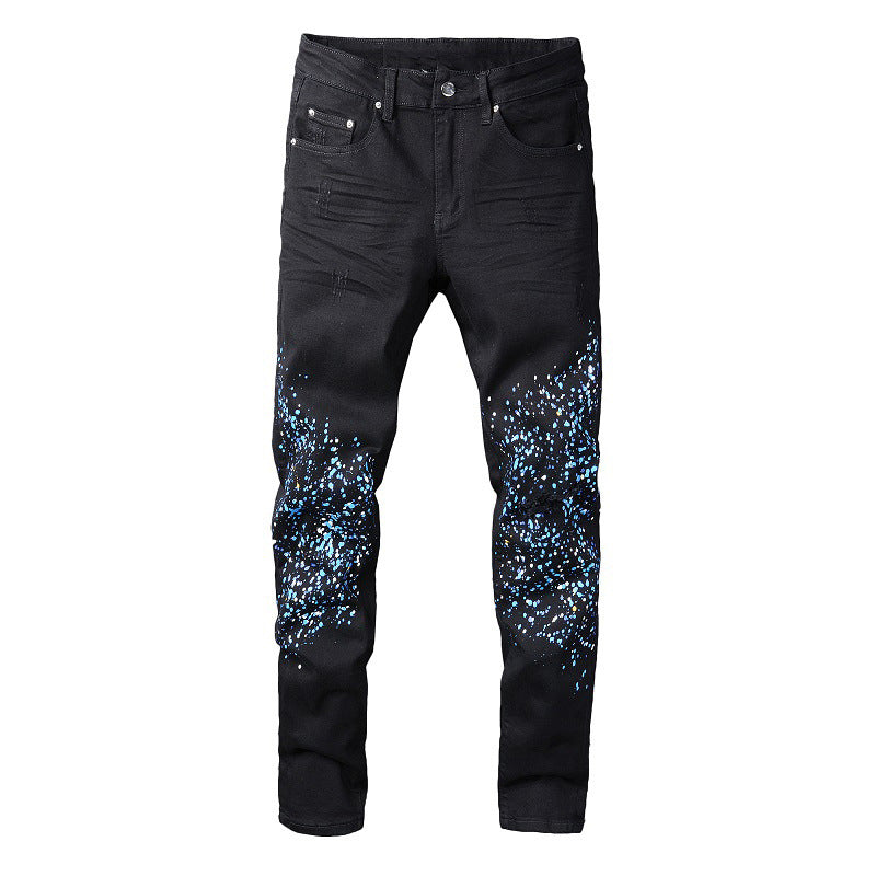 818 Street Denim Casual Trousers Micro-elastic Cotton Youth Black Splashed Paint Skinny Jeans