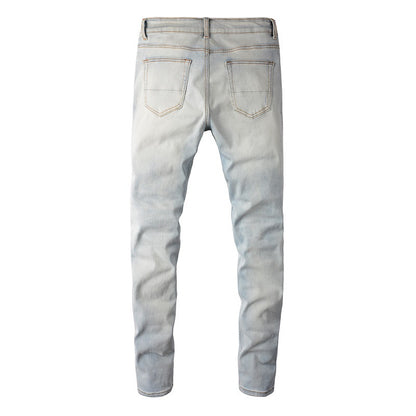 6624 High Street Trendy Brand Ripped Patch Jeans Retro Men's Elastic Slim Fit Light Blue Jeans