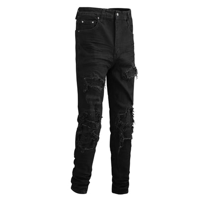 Men's Slim Fit Black Jeans with Patchwork, Wrinkle Details, and Ripped Design