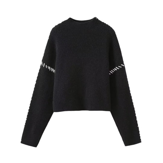 Crew Neck Knit Sweater Warm Versatile Chic Color-Block Patchwork