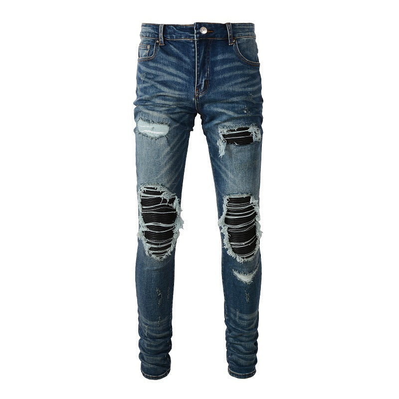 High Street Trend Jeans Trendy Men's Ripped Patch Beggar Jeans