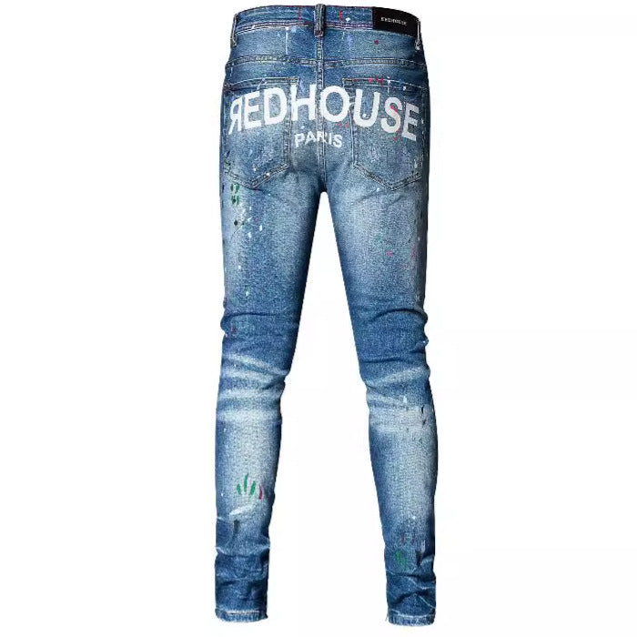 Blue Straight-Leg Jeans with Distressed Embroidery and Paint Design for Street Style