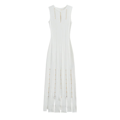 French Style Cut-Out Striped Dress with Fringe and Gold Bead Details