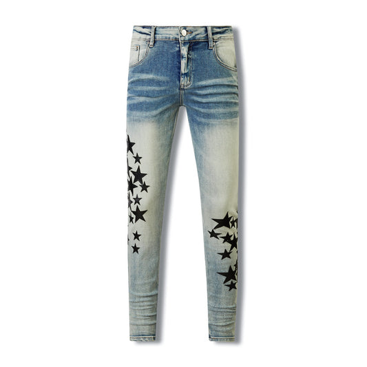 Retro Style Blue Denim with Distressed Wash and Star-Shaped Faux Leather Accents