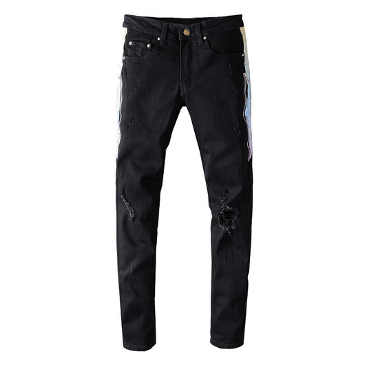 TRENDAMIRI 644 High Street Trendy Brand Side Patch Hollow Beggar Slim-fit Small Feet Elastic Jeans