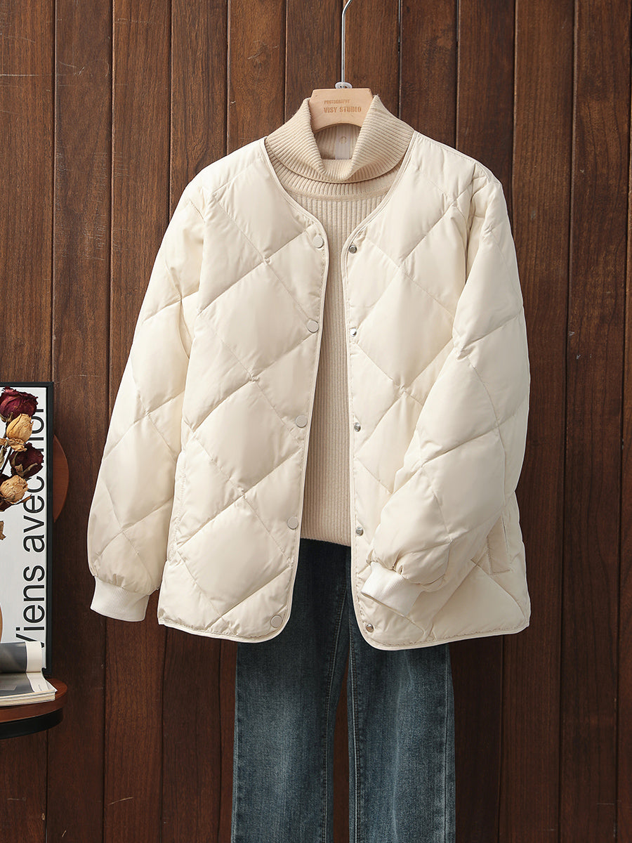 Down Jacket Women's Short Winter White Duck Down Lightweight and Versatile Loose Diamond Pattern