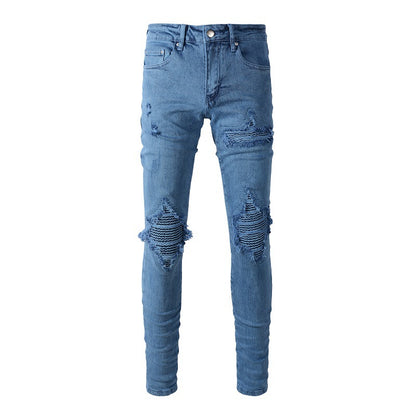 New Fashion Ripped Patch Jeans for Men, Crumpled and Won A Pair of Men's Jeans for Delivery.