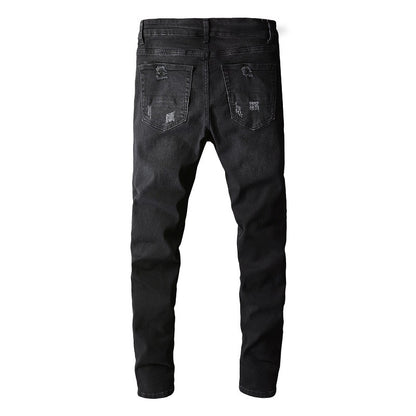 669 European and American High Street Black High Street Jeans Men's Hand-worn Multi-patch Small Foot Jeans