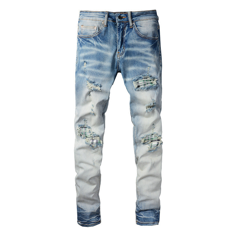 High Street Trendy Jeans Men's Ripped Patch Jeans Trendy Slim-Fit Pants #833