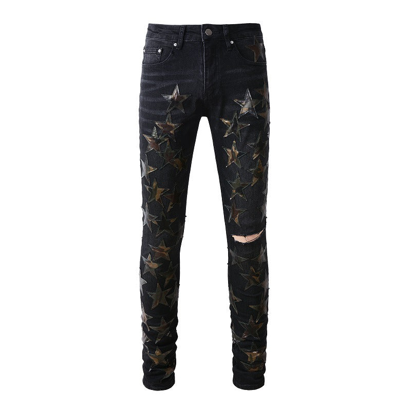 Ripped High Street Sticker Star Trend Jeans High Craftsmanship Elastic Slim Fit #873