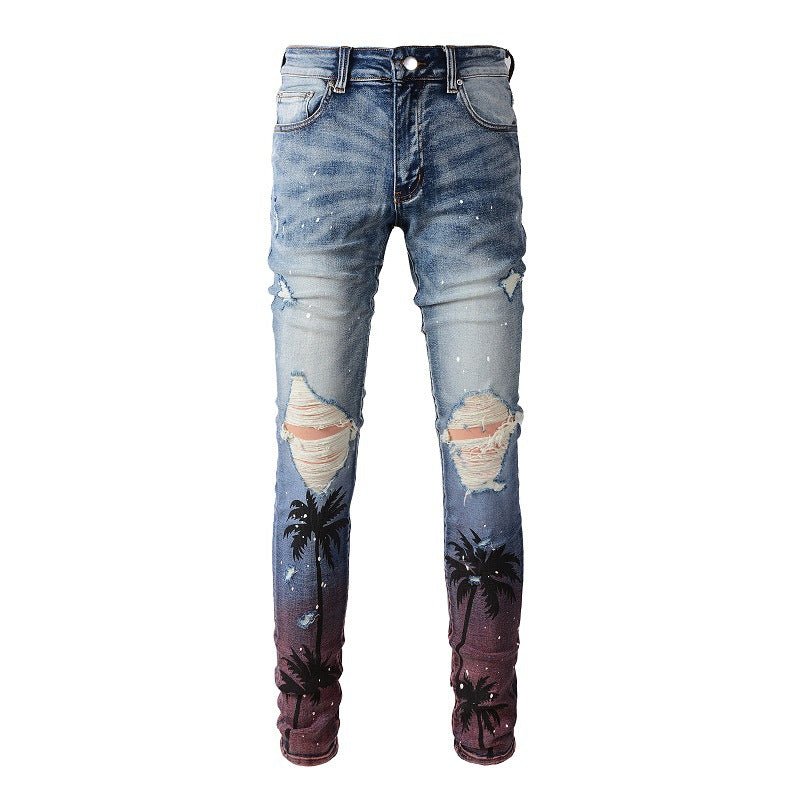 6597 Tide Brand Digital Printing Coconut Tree Pattern Spray Paint Ripped Jeans Elastic and Slim