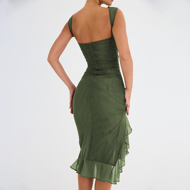 New Fashionable Round Neck Sleeveless Fitted Backless Ruched Double-Layer Dress D1993670