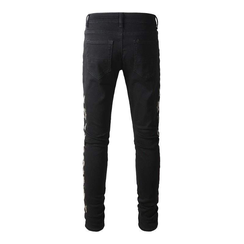 European and American Trendy Jeans Ripped Splicing Camouflage Leather Pattern Skinny Jeans #842