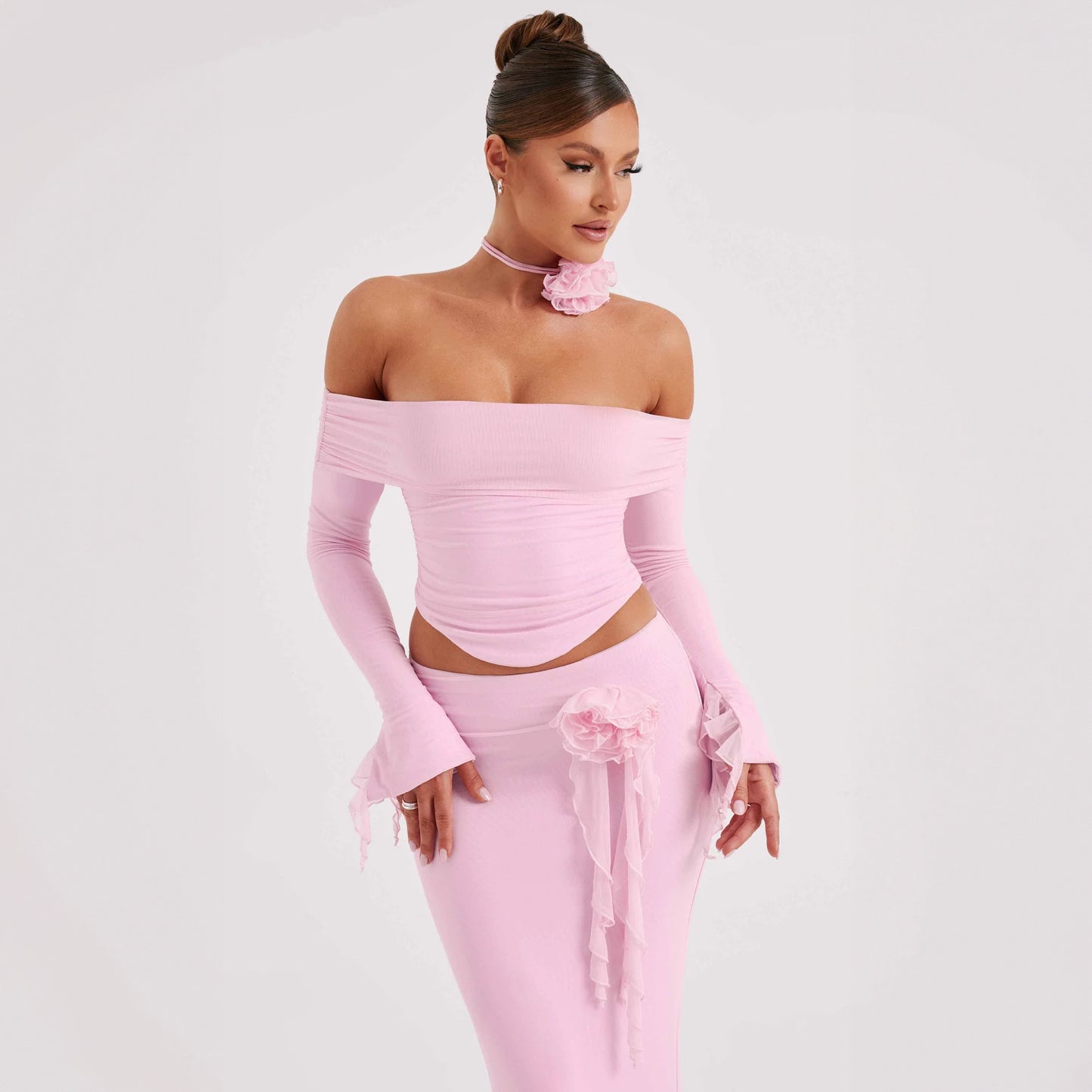 New Fashionable Sexy Strapless Off-Shoulder Top and Maxi Skirt Set S1992668