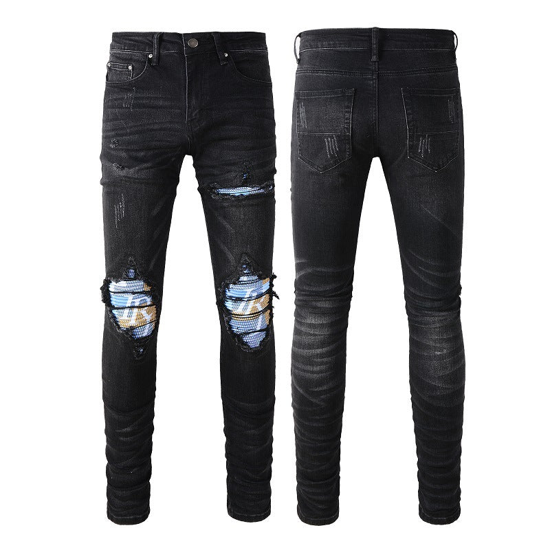 American Street Washing Craft Letter Patch Jeans Retro Men's Stretch Slim Jeans