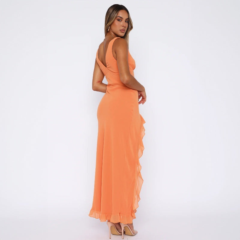 New Fashion V-Neck Sleeveless Ruffled Backless Slit Dress D1993400