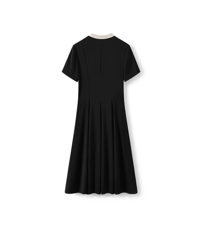 Little Black Dress Series Color-Blocked Round Stand Collar Slim Fit Short Sleeve Acetate Dress