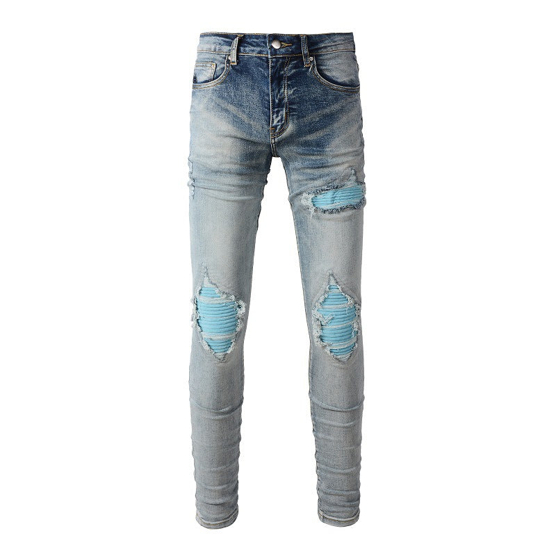 High Street Jeans Trendy Men's Ripped Eye-catching Blue Patch Beggar Jeans Korean Version #1332