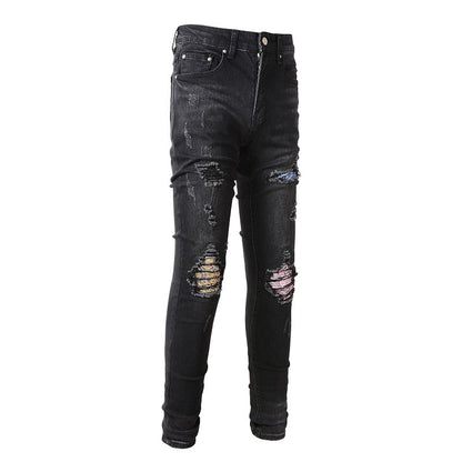 European and American Street Trendy Ripped Patch Jeans High Street Trendy Men's Slim Pants Denim #867