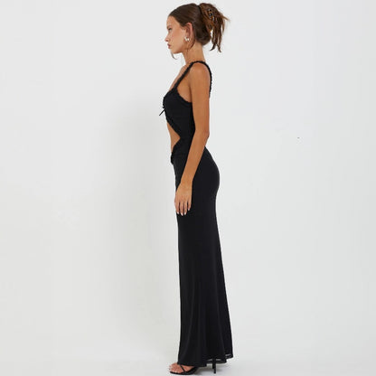 New Spaghetti Strap Ruffle Trim Sleeveless Crop Top Bodycon Maxi Dress D1993475