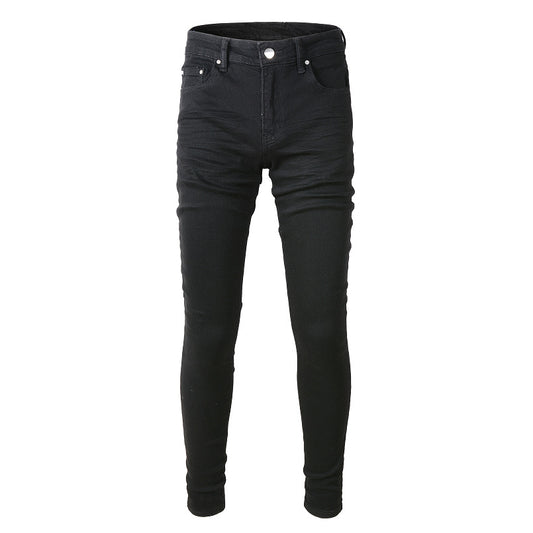 High Street Black Trousers Crumpled Jeans Stretch Men's Slim-Fit Small Foot Jeans