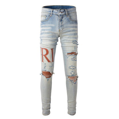 European and American Street Tide Ripped Patch Jeans High Street Tide Slim Pants Denim #840