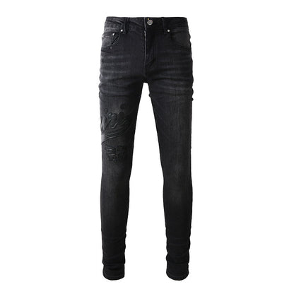 European and American Street Tide Embroidery Splicing Jeans High Street Trendy Men Stretch Slim Jeans #1312