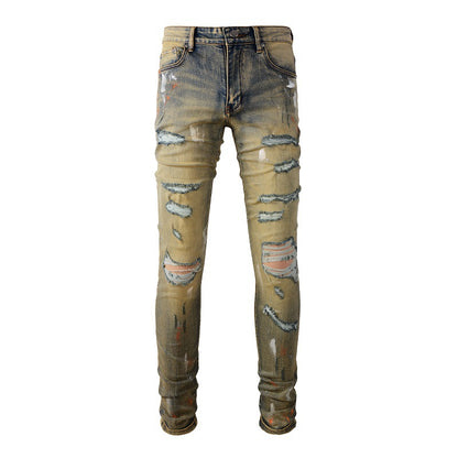 High Street Trendy Graffiti Ripped Patch Jeans Vintage Stretch Slim Jeans #6557