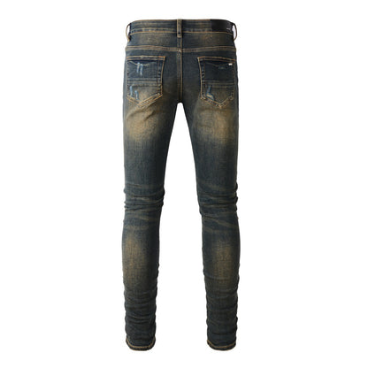 Slim Fit Black Stretch Jeans with Vintage Wash and Faux Leather Accents