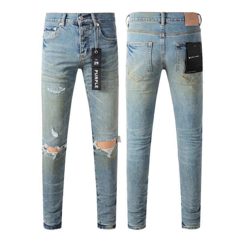 Chic Light Blue Denim Pants 9076 with Fashionable Distressed Accents