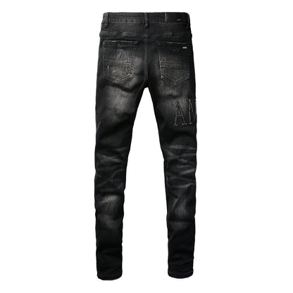 Black Jeans 8823 with Rhinestone Lettering and Distressed Design for International Markets