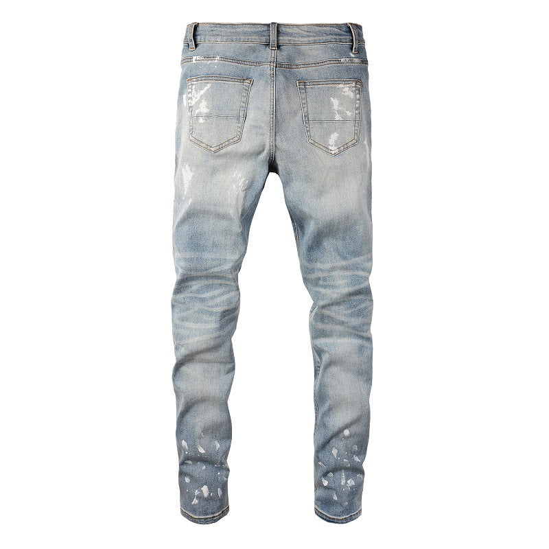 Cross-border Slim-fit High Street Jeans Trendy Brand Paint Diamond-encrusted Ripped Patch Men's Jeans 6626