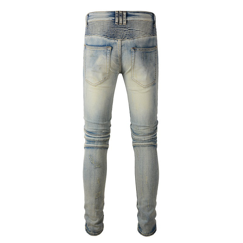 Hand-worn Beggar Style Old Slim-fitting Elastic Tide Brand Tailoring Locomotive Jeans