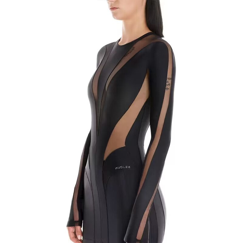 Trendy Sheer Little Black Dress with Mesh Panels and Bodycon Fit