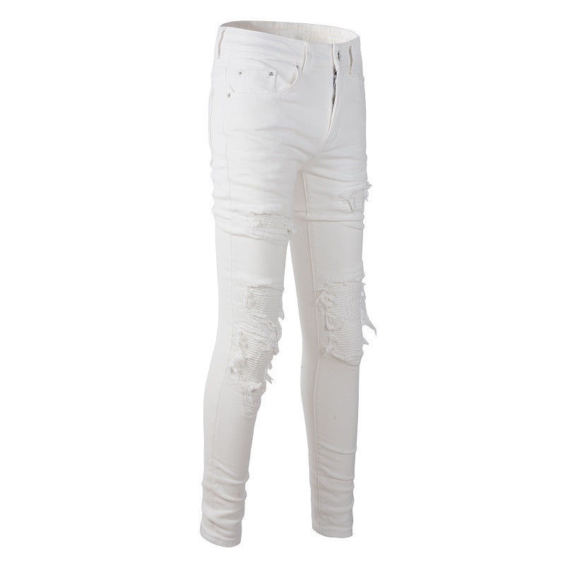 High Street Trendy Men's Slim-Fit Jeans Ripped Patch Trendy Brand Pants White Casual Jeans 592